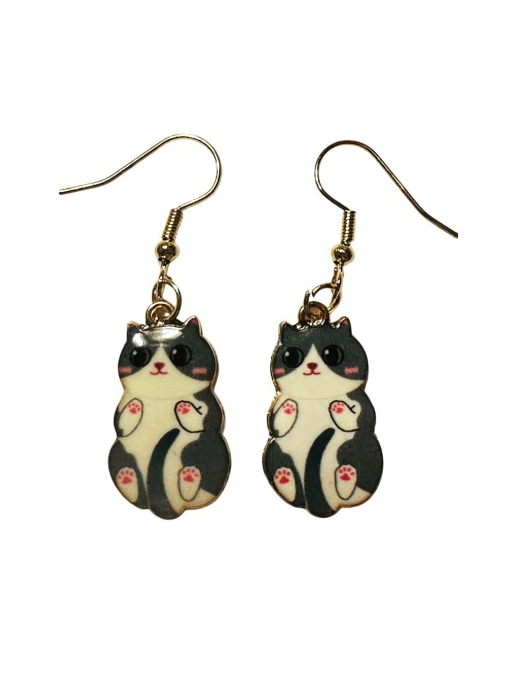 Cute Enamel Tuxedo Cat Dangle Earrings Gold Tone Black & White with Hooks